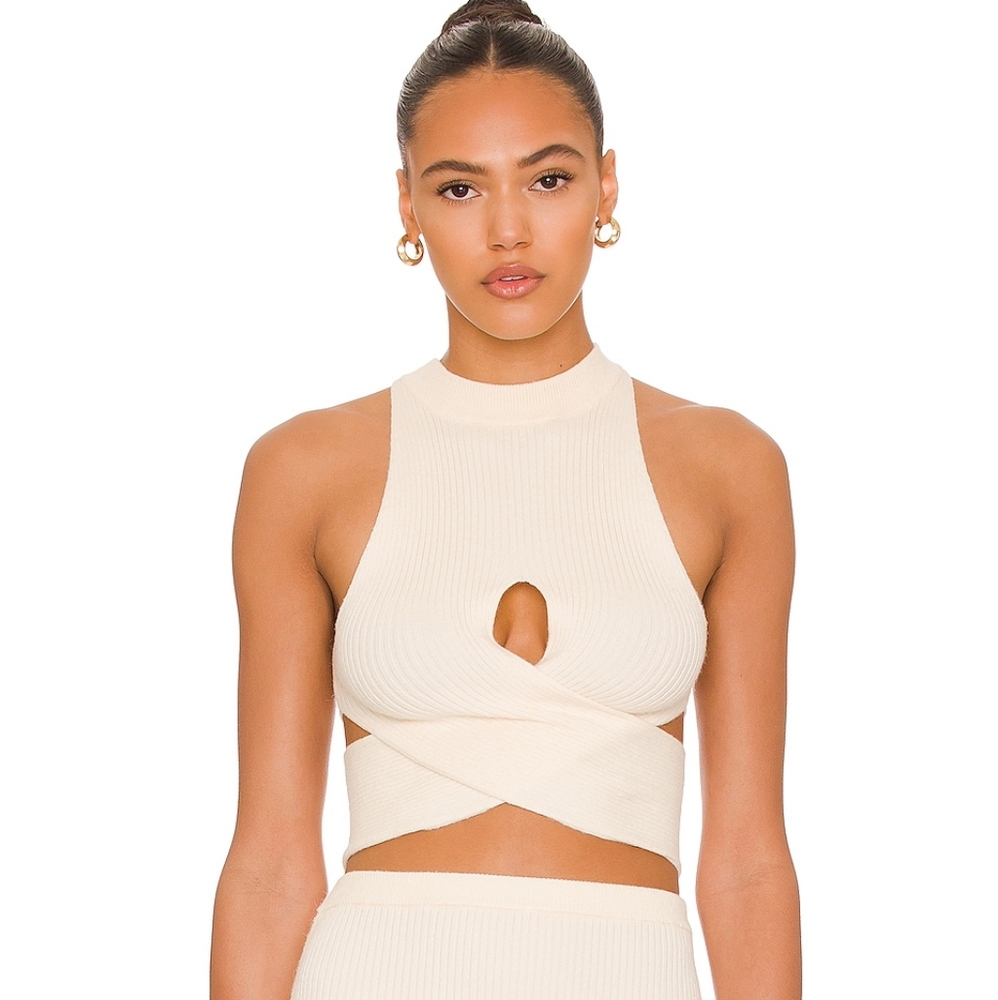 Camila Coelho Cream Ribbed Halter Top